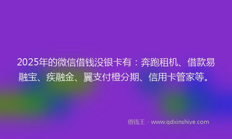 2025年的微信借钱没银卡有：奔跑租机、借款易融宝、疾融金、翼支付橙分期、信用卡管家等。