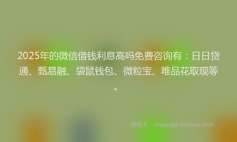 2025年的微信借钱利息高吗免费咨询有：日日贷通、甄易融、袋鼠钱包、微粒宝、唯品花取现等。