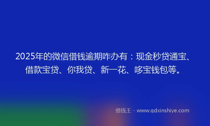 2025年的微信借钱逾期咋办有：现金秒贷通宝、借款宝贷、你我贷、新一花、哆宝钱包等。