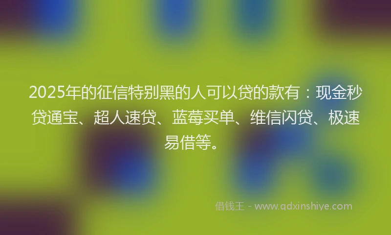 2025年的征信特别黑的人可以贷的款有：现金秒贷通宝、超人速贷、蓝莓买单、维信闪贷、极速易借等。