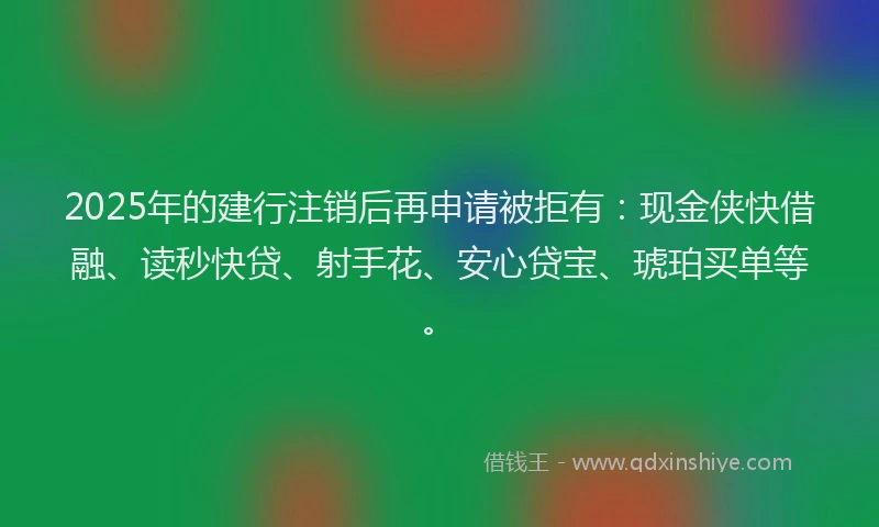 2025年的建行注销后再申请被拒有：现金侠快借融、读秒快贷、射手花、安心贷宝、琥珀买单等。
