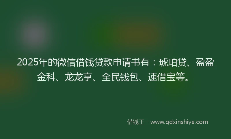 2025年的微信借钱贷款申请书有：琥珀贷、盈盈金科、龙龙享、全民钱包、速借宝等。