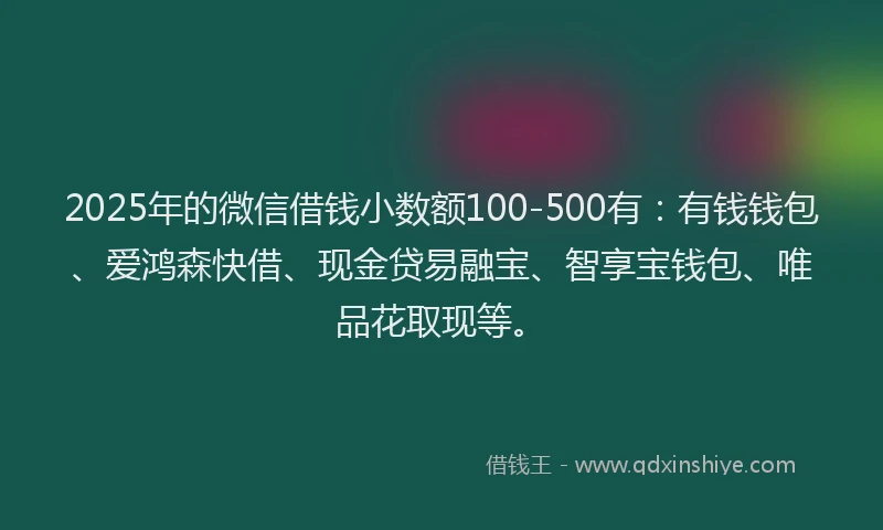 2025年的微信借钱小数额100-500有：有钱钱包、爱鸿森快借、现金贷易融宝、智享宝钱包、唯品花取现等。