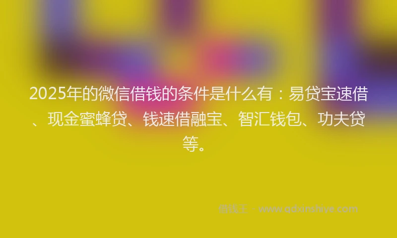 2025年的微信借钱的条件是什么有：易贷宝速借、现金蜜蜂贷、钱速借融宝、智汇钱包、功夫贷等。