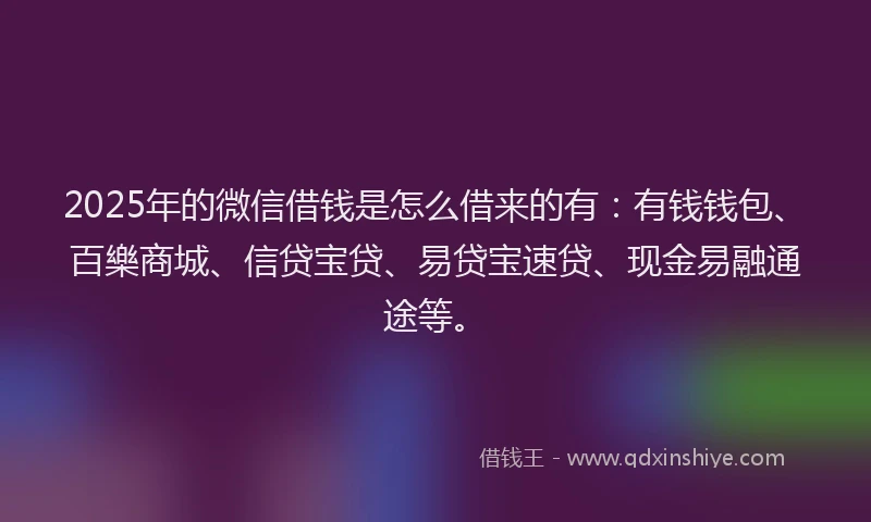2025年的微信借钱是怎么借来的有：有钱钱包、百樂商城、信贷宝贷、易贷宝速贷、现金易融通途等。