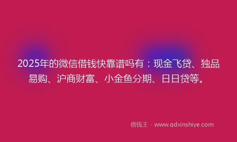 2025年的微信借钱快靠谱吗有：现金飞贷、独品易购、沪商财富、小金鱼分期、日日贷等。