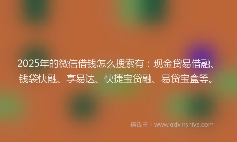 2025年的微信借钱怎么搜索有：现金贷易借融、钱袋快融、享易达、快捷宝贷融、易贷宝盒等。