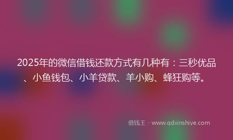 2025年的微信借钱还款方式有几种有：三秒优品、小鱼钱包、小羊贷款、羊小购、蜂狂购等。