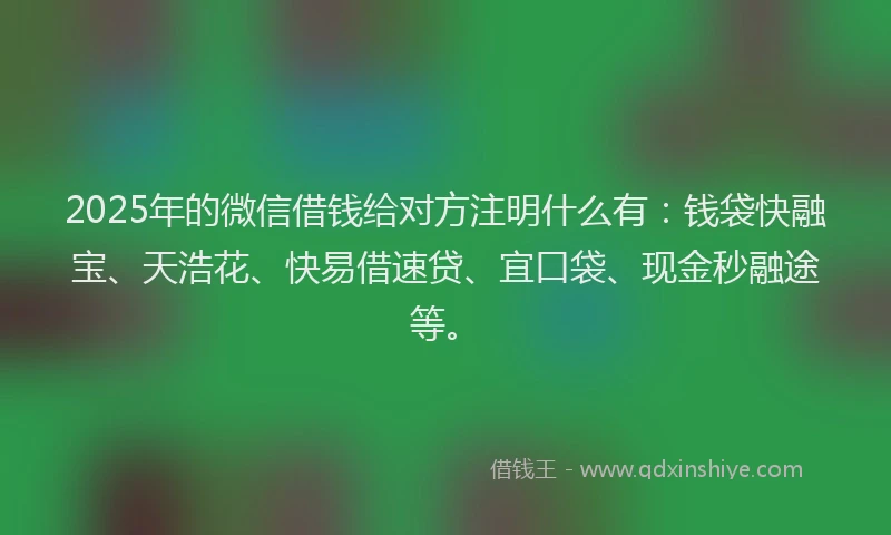 2025年的微信借钱给对方注明什么有：钱袋快融宝、天浩花、快易借速贷、宜口袋、现金秒融途等。