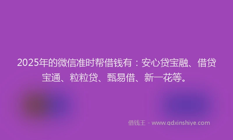 2025年的微信准时帮借钱有：安心贷宝融、借贷宝通、粒粒贷、甄易借、新一花等。