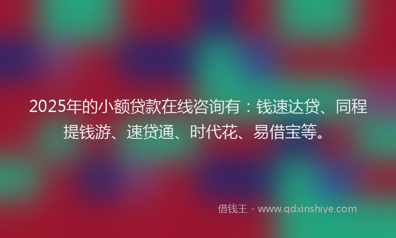 2025年的小额贷款在线咨询有：钱速达贷、同程提钱游、速贷通、时代花、易借宝等。