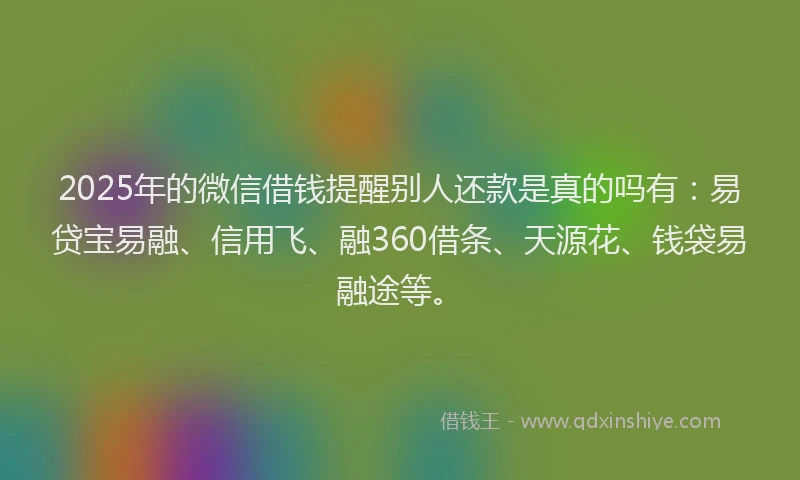 2025年的微信借钱提醒别人还款是真的吗有：易贷宝易融、信用飞、融360借条、天源花、钱袋易融途等。