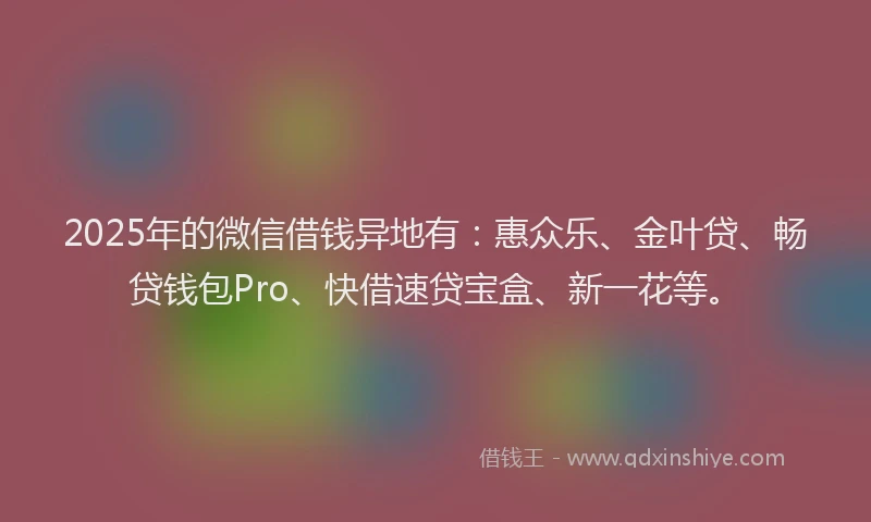 2025年的微信借钱异地有：惠众乐、金叶贷、畅贷钱包Pro、快借速贷宝盒、新一花等。