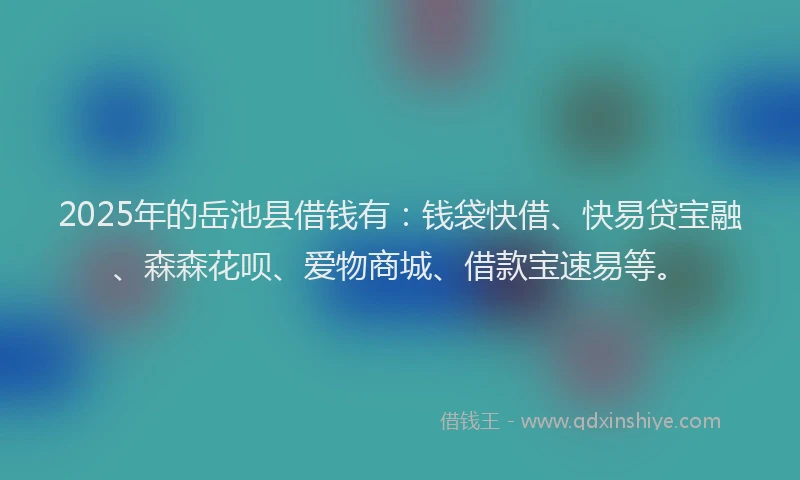 2025年的岳池县借钱有：钱袋快借、快易贷宝融、森森花呗、爱物商城、借款宝速易等。