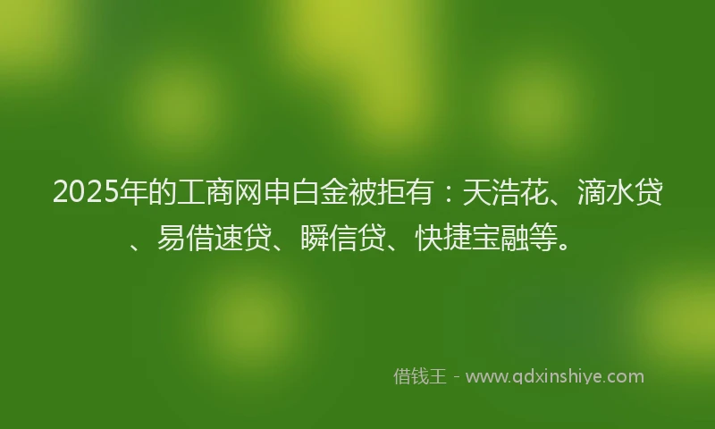 2025年的工商网申白金被拒有：天浩花、滴水贷、易借速贷、瞬信贷、快捷宝融等。