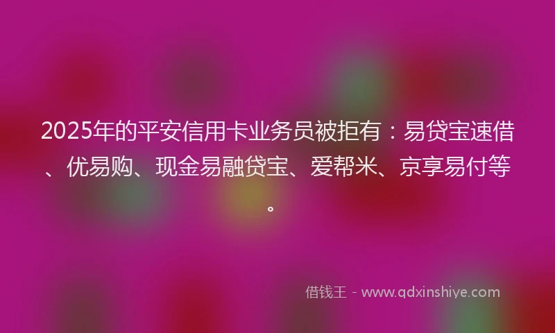 2025年的平安信用卡业务员被拒有：易贷宝速借、优易购、现金易融贷宝、爱帮米、京享易付等。