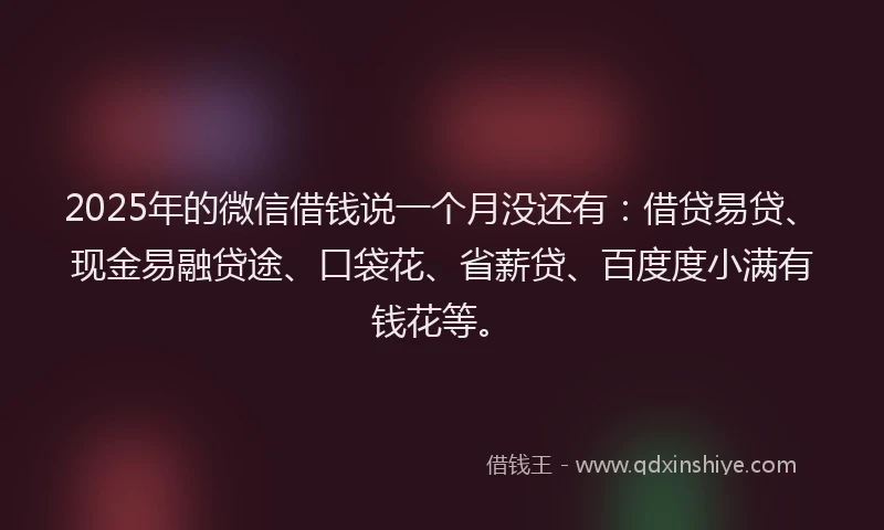 2025年的微信借钱说一个月没还有：借贷易贷、现金易融贷途、口袋花、省薪贷、百度度小满有钱花等。