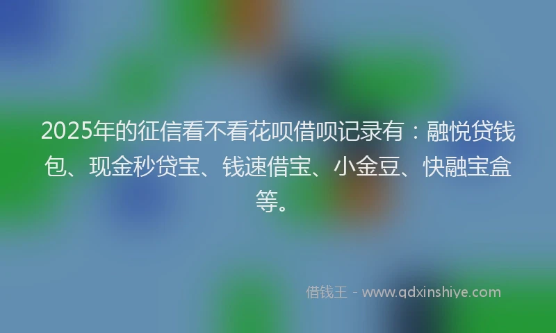 2025年的征信看不看花呗借呗记录有：融悦贷钱包、现金秒贷宝、钱速借宝、小金豆、快融宝盒等。