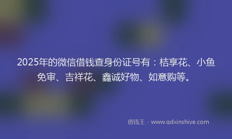 2025年的微信借钱查身份证号有：桔享花、小鱼免审、吉祥花、鑫诚好物、如意购等。