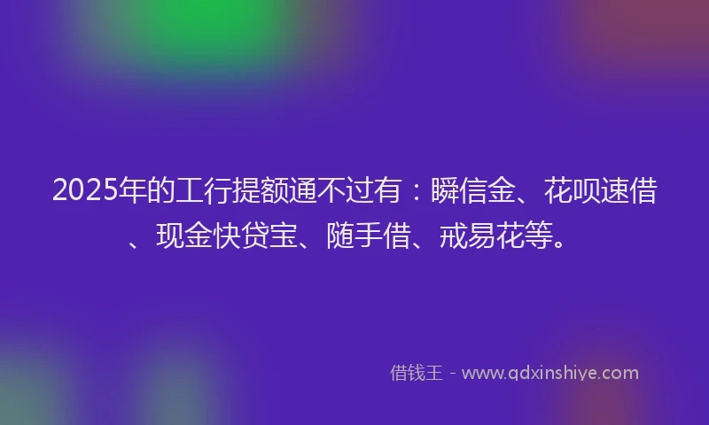 2025年的工行提额通不过有：瞬信金、花呗速借、现金快贷宝、随手借、戒易花等。