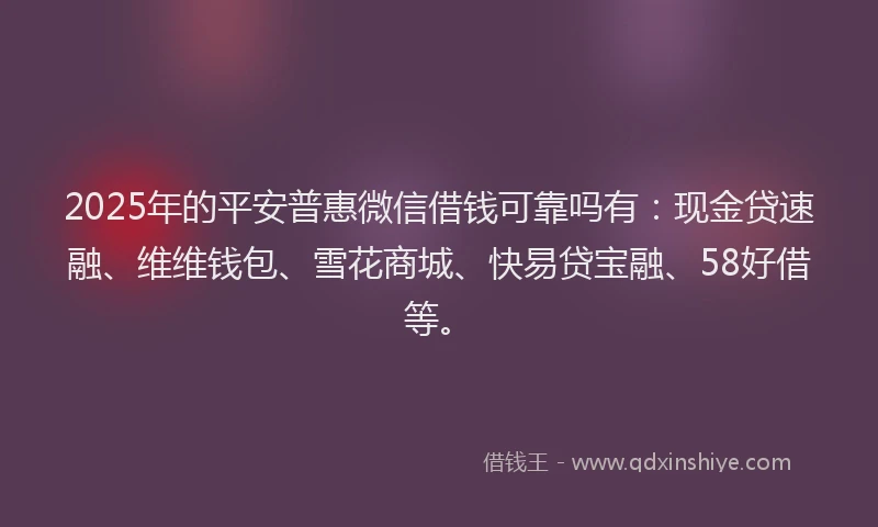 2025年的平安普惠微信借钱可靠吗有：现金贷速融、维维钱包、雪花商城、快易贷宝融、58好借等。