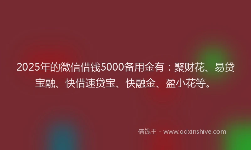 2025年的微信借钱5000备用金有：聚财花、易贷宝融、快借速贷宝、快融金、盈小花等。