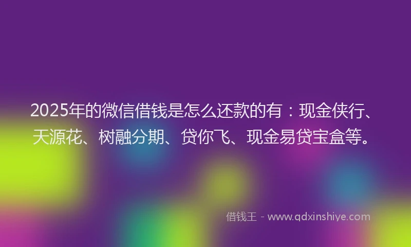 2025年的微信借钱是怎么还款的有：现金侠行、天源花、树融分期、贷你飞、现金易贷宝盒等。