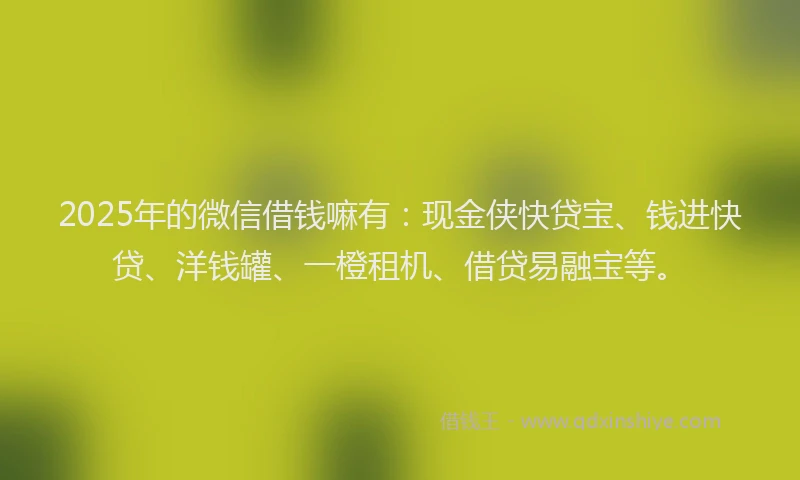 2025年的微信借钱嘛有：现金侠快贷宝、钱进快贷、洋钱罐、一橙租机、借贷易融宝等。