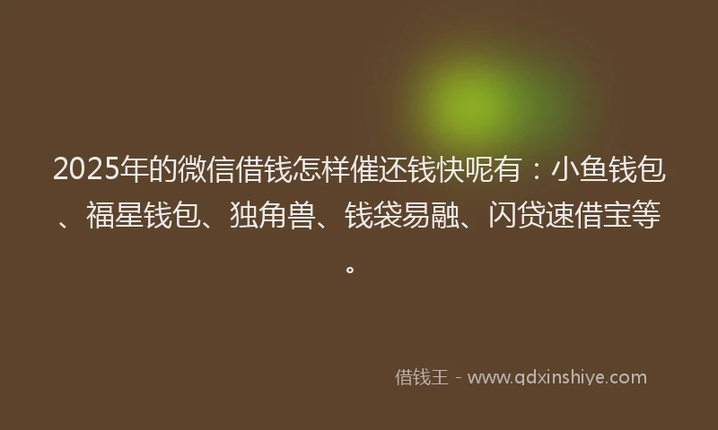 2025年的微信借钱怎样催还钱快呢有:小鱼钱包、福星钱包、独角兽、钱袋易融、闪贷速借宝等。