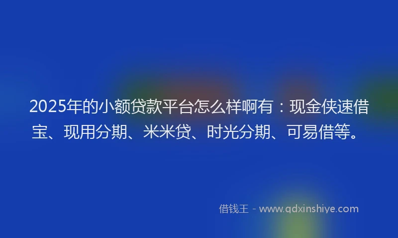 2025年的小额贷款平台怎么样啊有：现金侠速借宝、现用分期、米米贷、时光分期、可易借等。