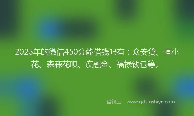 2025年的微信450分能借钱吗有：众安贷、恒小花、森森花呗、疾融金、福禄钱包等。