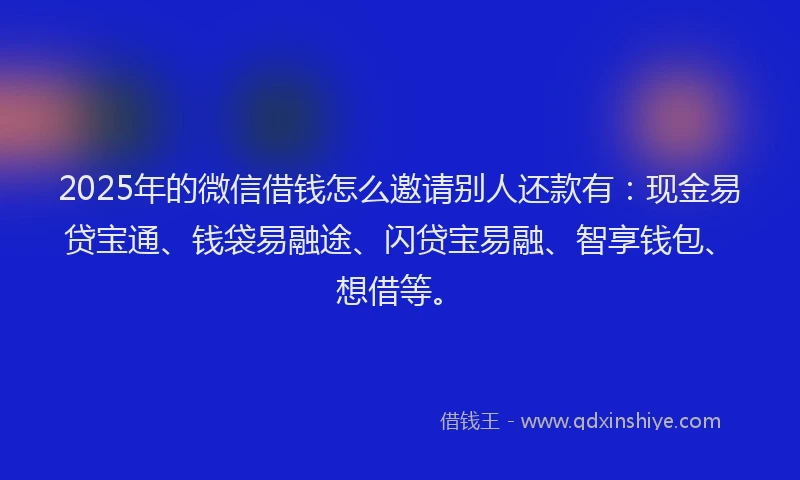 2025年的微信借钱怎么邀请别人还款有:现金易贷宝通、钱袋易融途、闪贷宝易融、智享钱包、想借等。