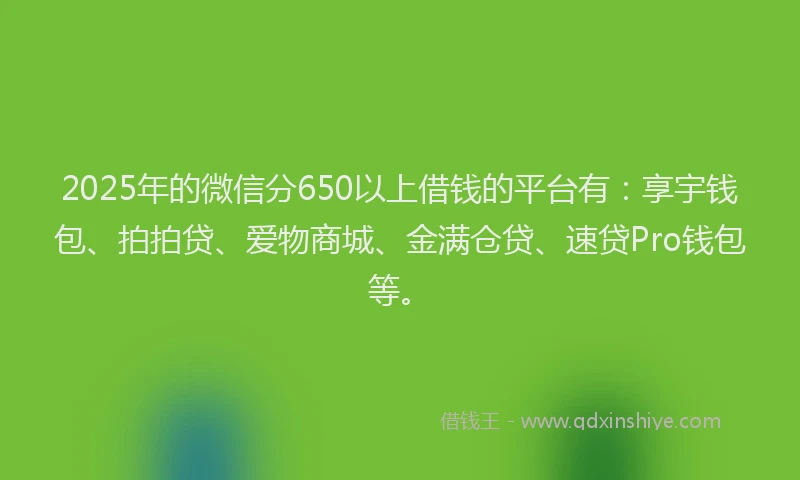 2025年的微信分650以上借钱的平台有：享宇钱包、拍拍贷、爱物商城、金满仓贷、速贷Pro钱包等。