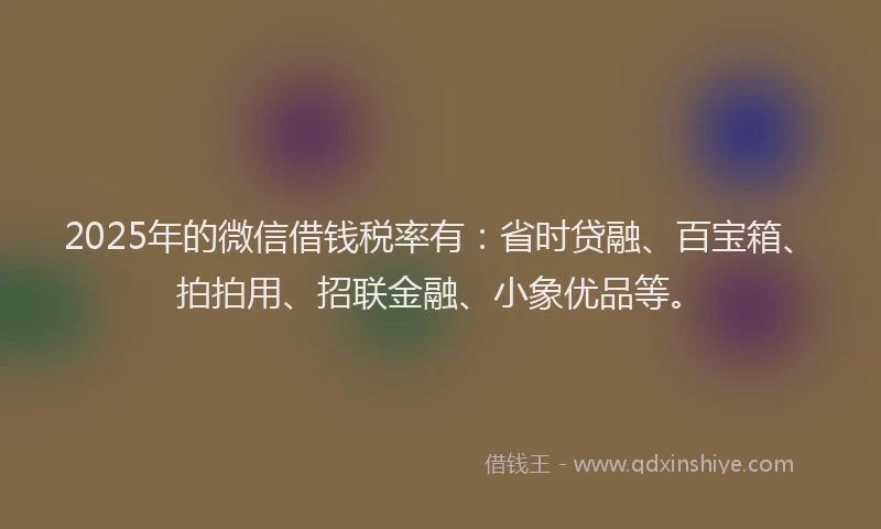 2025年的微信借钱税率有：省时贷融、百宝箱、拍拍用、招联金融、小象优品等。