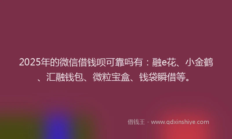 2025年的微信借钱呗可靠吗有:融e花、小金鹤、汇融钱包、微粒宝盒、钱袋瞬借等。