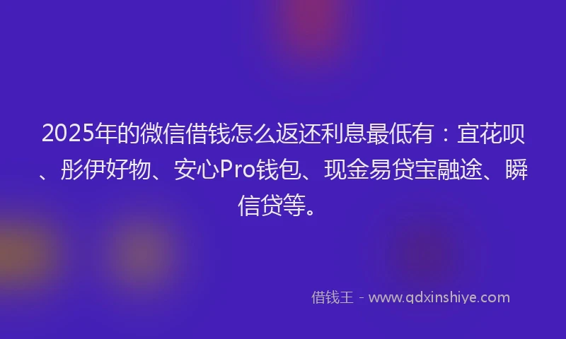 2025年的微信借钱怎么返还利息最低有:宜花呗、彤伊好物、安心Pro钱包、现金易贷宝融途、瞬信贷等。