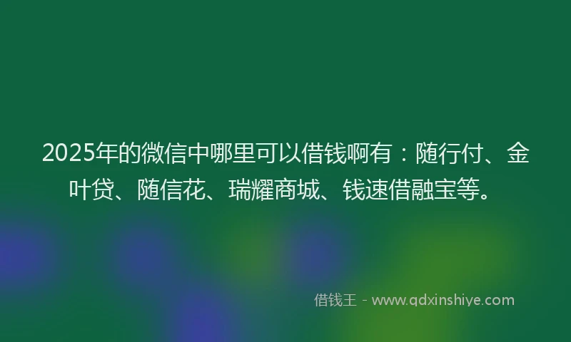 2025年的微信中哪里可以借钱啊有：随行付、金叶贷、随信花、瑞耀商城、钱速借融宝等。