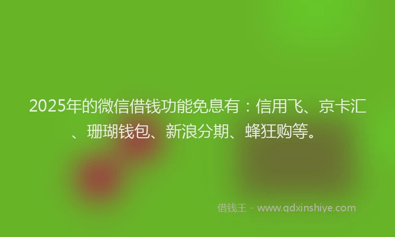 2025年的微信借钱功能免息有：信用飞、京卡汇、珊瑚钱包、新浪分期、蜂狂购等。