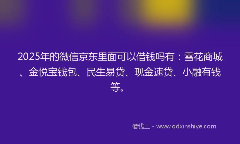 2025年的微信京东里面可以借钱吗有：雪花商城、金悦宝钱包、民生易贷、现金速贷、小融有钱等。