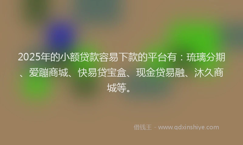 2025年的小额贷款容易下款的平台有：琉璃分期、爱蹦商城、快易贷宝盒、现金贷易融、沐久商城等。