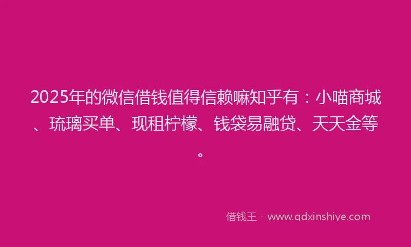 2025年的微信借钱值得信赖嘛知乎有：小喵商城、琉璃买单、现租柠檬、钱袋易融贷、天天金等。
