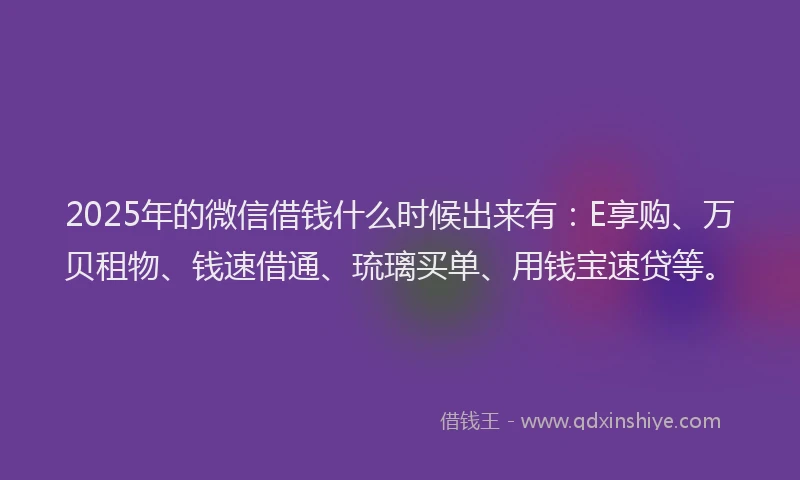 2025年的微信借钱什么时候出来有：E享购、万贝租物、钱速借通、琉璃买单、用钱宝速贷等。