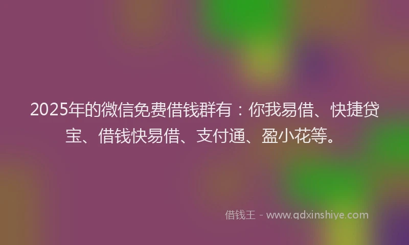 2025年的微信免费借钱群有：你我易借、快捷贷宝、借钱快易借、支付通、盈小花等。