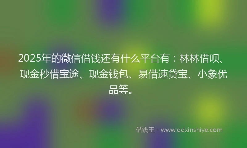 2025年的微信借钱还有什么平台有：林林借呗、现金秒借宝途、现金钱包、易借速贷宝、小象优品等。