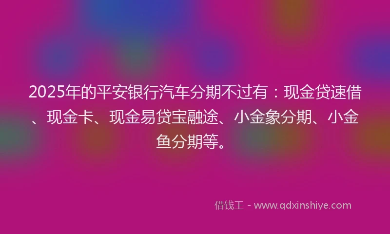 2025年的平安银行汽车分期不过有：现金贷速借、现金卡、现金易贷宝融途、小金象分期、小金鱼分期等。