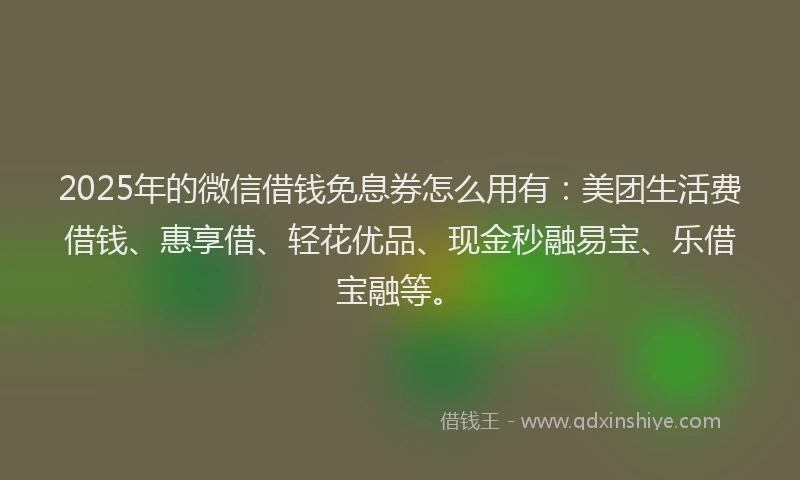 2025年的微信借钱免息券怎么用有：美团生活费借钱、惠享借、轻花优品、现金秒融易宝、乐借宝融等。