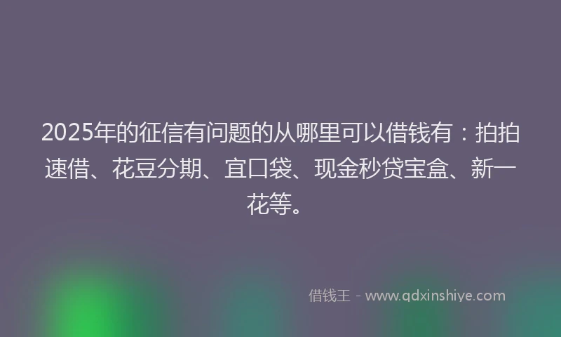 2025年的征信有问题的从哪里可以借钱有：拍拍速借、花豆分期、宜口袋、现金秒贷宝盒、新一花等。