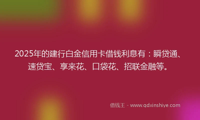 2025年的建行白金信用卡借钱利息有：瞬贷通、速贷宝、享来花、口袋花、招联金融等。