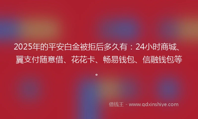 2025年的平安白金被拒后多久有：24小时商城、翼支付随意借、花花卡、畅易钱包、信融钱包等。