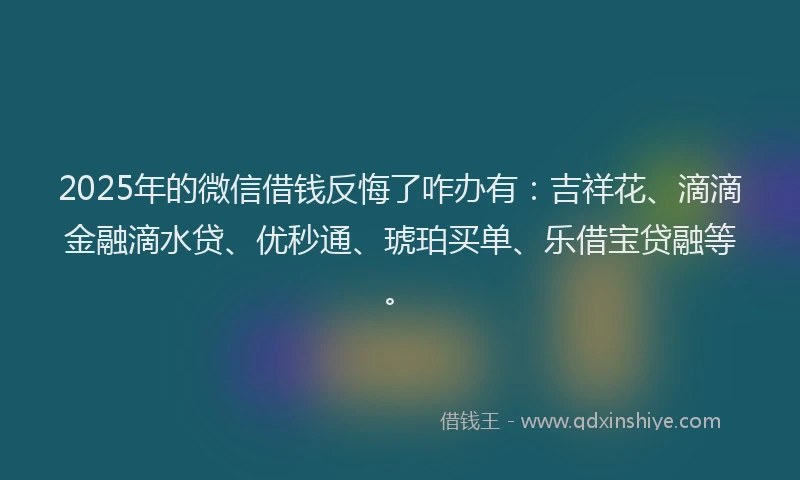 2025年的微信借钱反悔了咋办有:吉祥花、滴滴金融滴水贷、优秒通、琥珀买单、乐借宝贷融等。